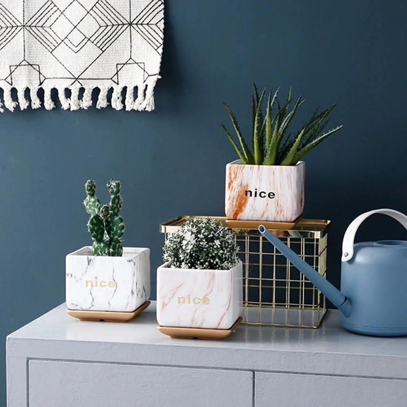 

Nordic Wind Light Luxury Ceramic Large Square Basin With Tray Personality Simple Marbling Green Plant Rich Tree Fleshy Flowerpot