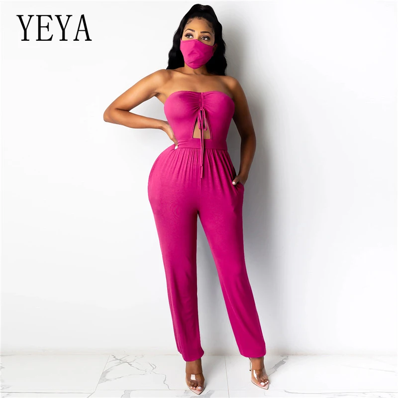 

YEYA Active Wear Tie Up Cut Out Strapless Women Jumpsuit Solid Playsuit Sleeveless Full Length Summer Romper Streetwear