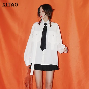 

XITAO Tide Plus Size Irregular Blouse White Women Clothes 2020 Spring New Fashion Single Breasted Turn Down Collar Top ZLL4805