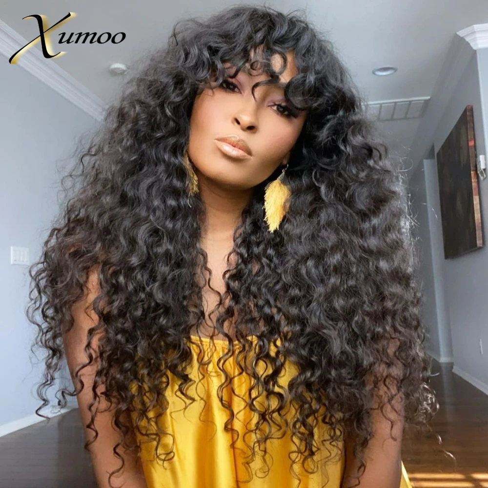 Wigs Bangs Human-Hair-Wigs Brazilian-Hair Curly Body-Wave Remy Black Women XUMOO 