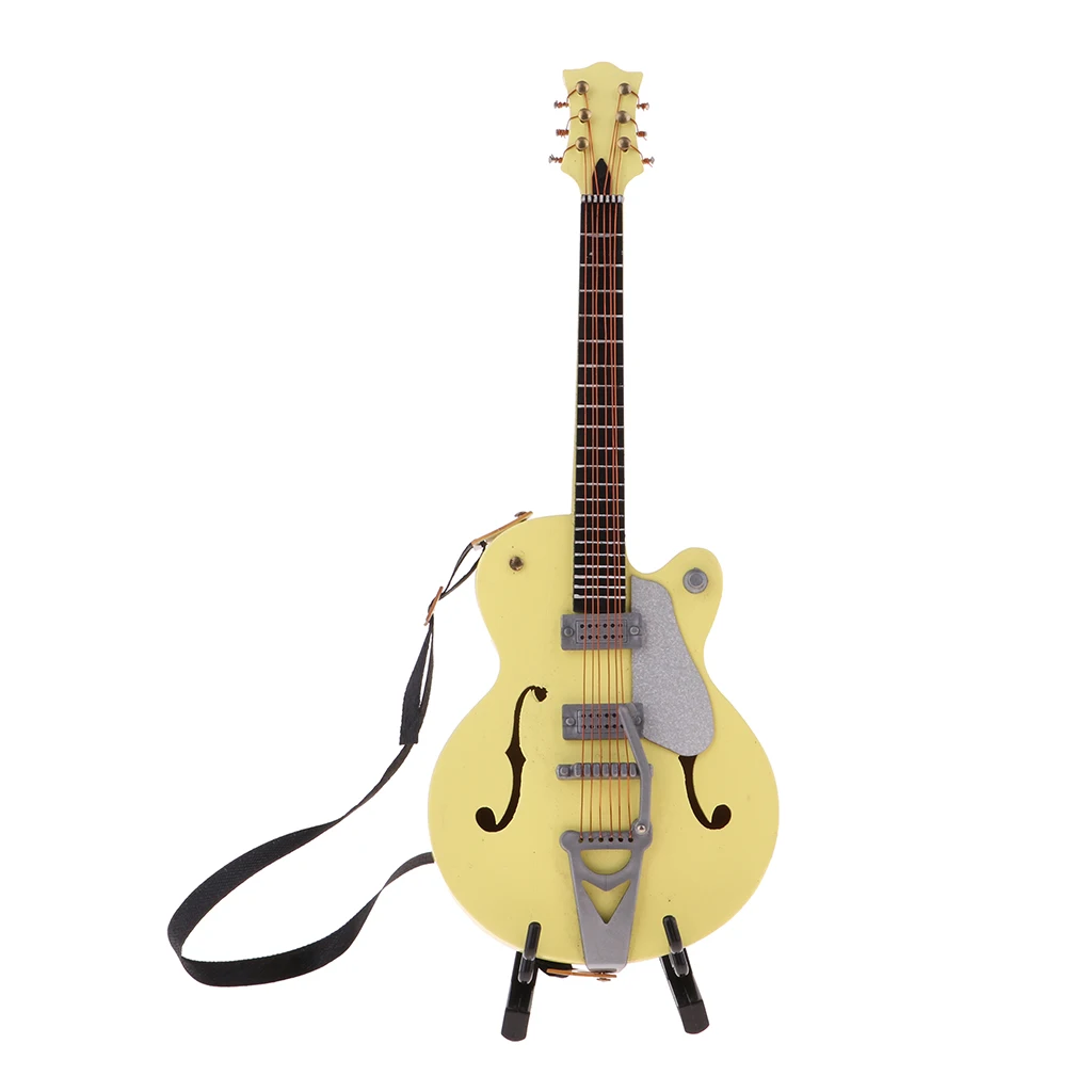 Handmade Doll House Mini Wooden Guitar Model with Stand for 1/6 Action Figures Hot Toys 12inch Dolls Accessory (Yellow)