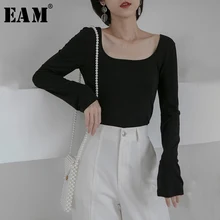 [EAM] Женская тонкая короткая футболка черного, белого, зеленого цвета, новинка, круглый вырез, длинный рукав, модная, подходит ко всему, весна-осень, 1B634