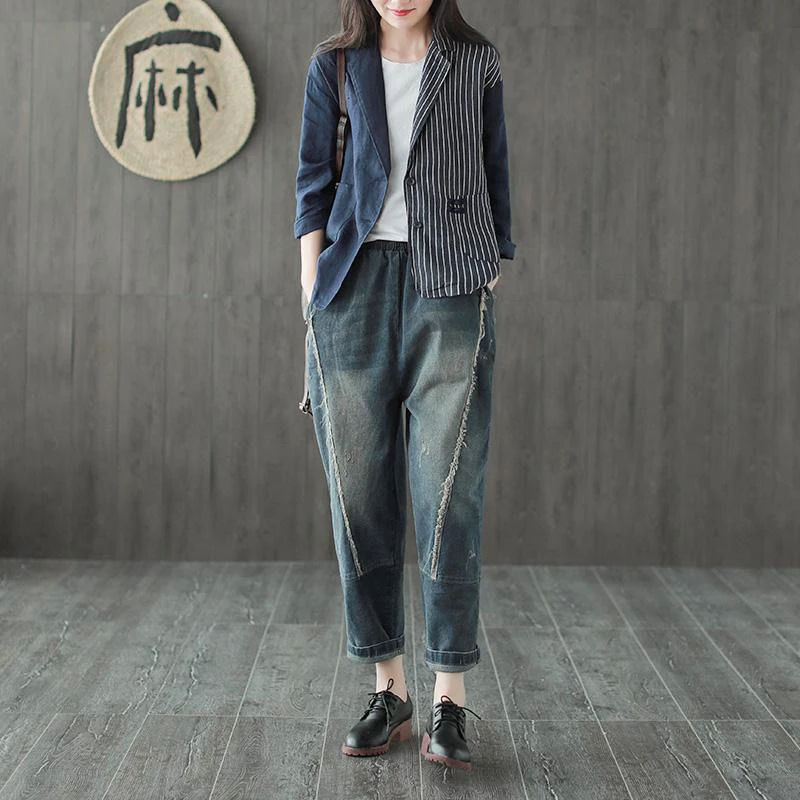 New  Autumn New Arts Style Women Long Sleeve stripe Patchwork Cotton Linen Button Vintage Jackets all-ma