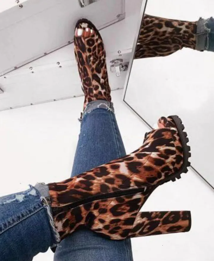 

Bright Color Boots Women 2020 New Zipper Snake Pattern Waterproof Platform High-heeled Thick-soled Open Toe Low Boots