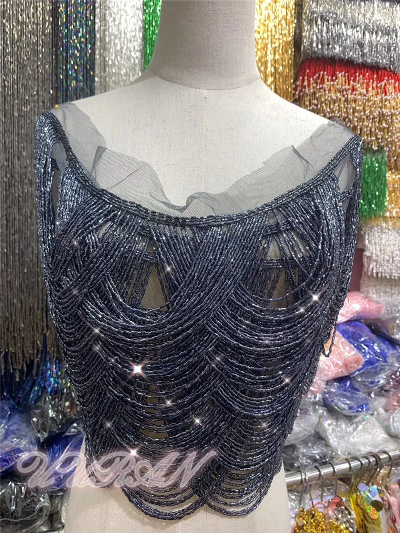Черные бисерные полосы для одежды Серебряная вышивка бисером бахрома отделка кисточка для одежды дизайнер бисера Tussel отделка бахрома