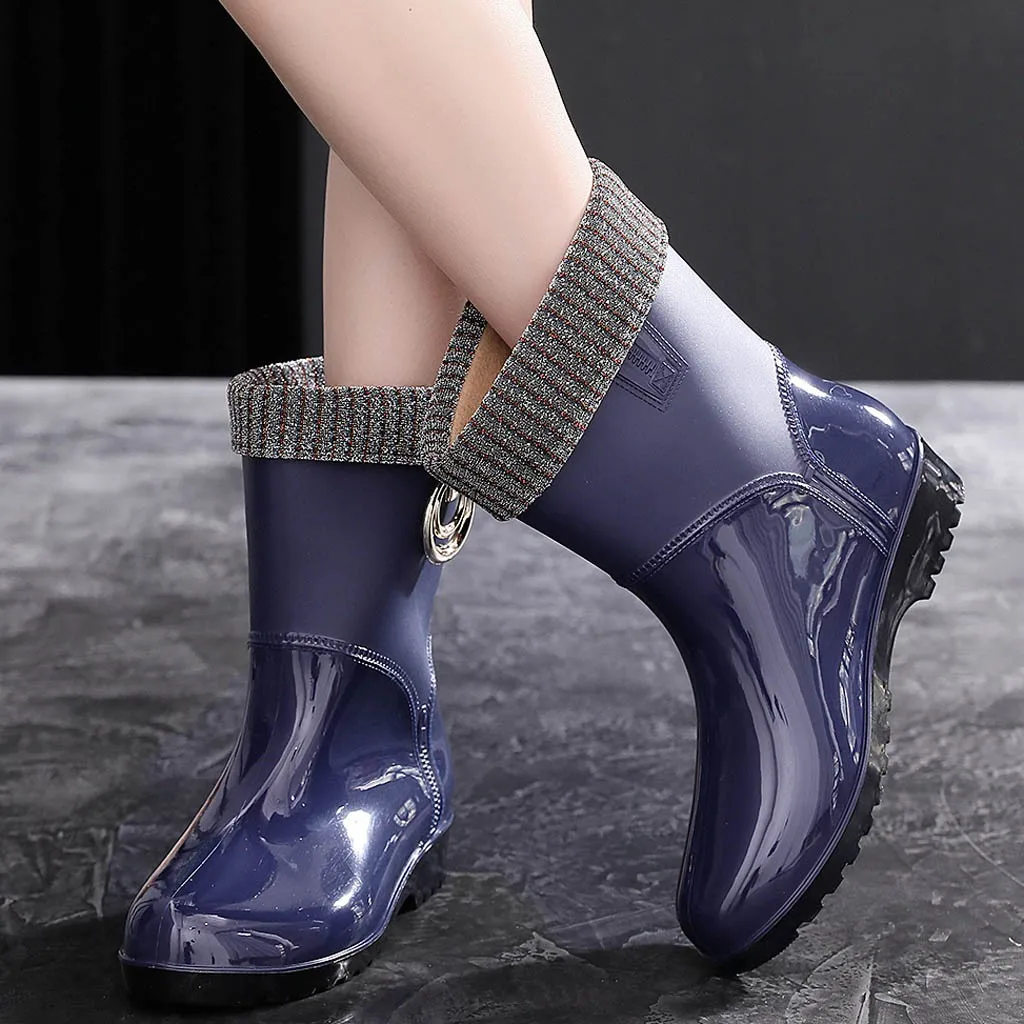 

Punk Style Rainboots Stretch Fabric Mid-calf Warm Snow Boots Women's Non-Slip Outdoor Water Shoes woman waterproof Rain Boots