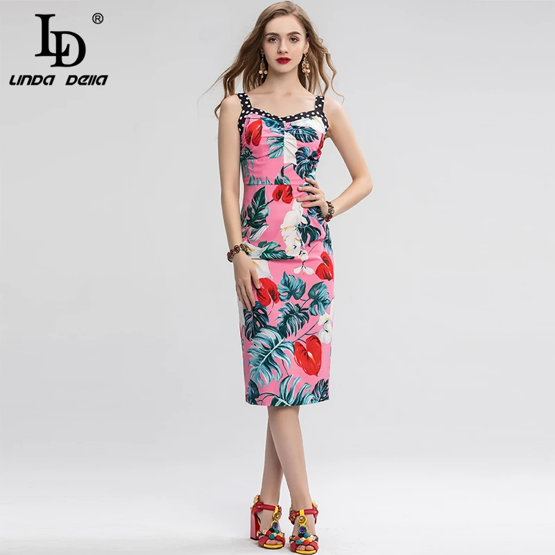 LD LINDA делла модное подиумное летнее платье-футляр женское сексуальное элегантное платье с открытой спиной в горошек с цветочным принтом миди тонкое облегающее платье