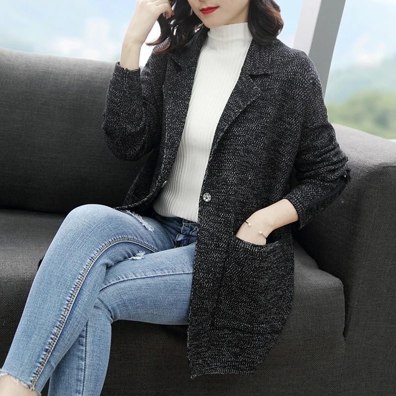 Вязаный кардиган женский с карманами свитер куртка-m0570-9276 - Цвет: black
