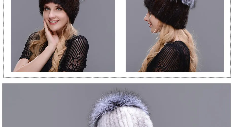 Зимняя шапка Neue Stil Echte Weibliche Nerz Hut Für Frauen Gestrickte Nerz Fuchs Pelz cappe Weiblichen Ohr Warme mutze Kappe Silbe