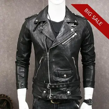 

2020 Black Men Slim Fit Biker Leather Jacket Diagonal Zipper Plus Size XXXL Genuine Sheepskin Motorcycle Leather Coat