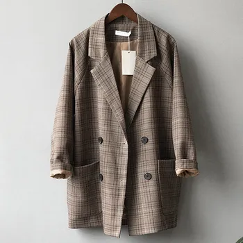 

Autumn Women Brown Blazer Jacket Plaid Elegant Coat Padded Slim Cotton Casual Cardigan Feminine Coat Female Fashion Blazers