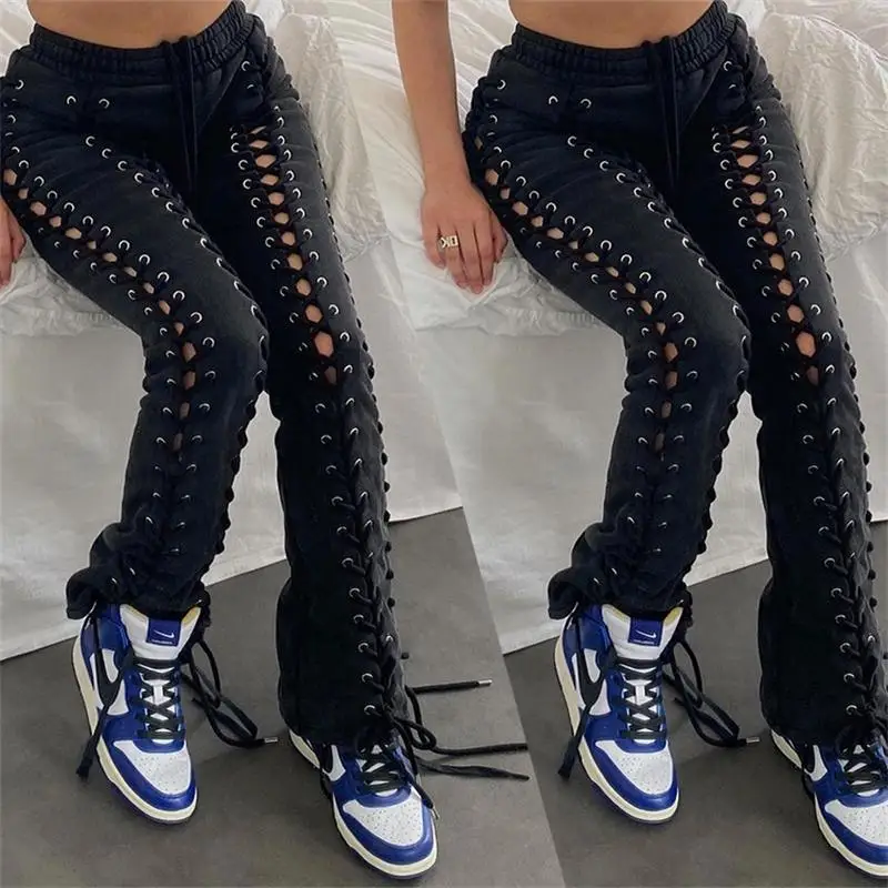 Lace-up Hollow Pants for Women, Eyelet Drawstring, Net Red, High Street Fashion, Wholesale