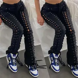 Lace-up Hollow Pants for Women, Eyelet Drawstring, Net Red, High Street Fashion, Wholesale