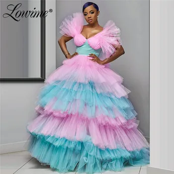 

V Neck Tiered Tulle Party Dress A Line Dubai Arabic Kaftans 2020 Custom Made Plus Size Prom Dresses Formal Evening Gown Vestido