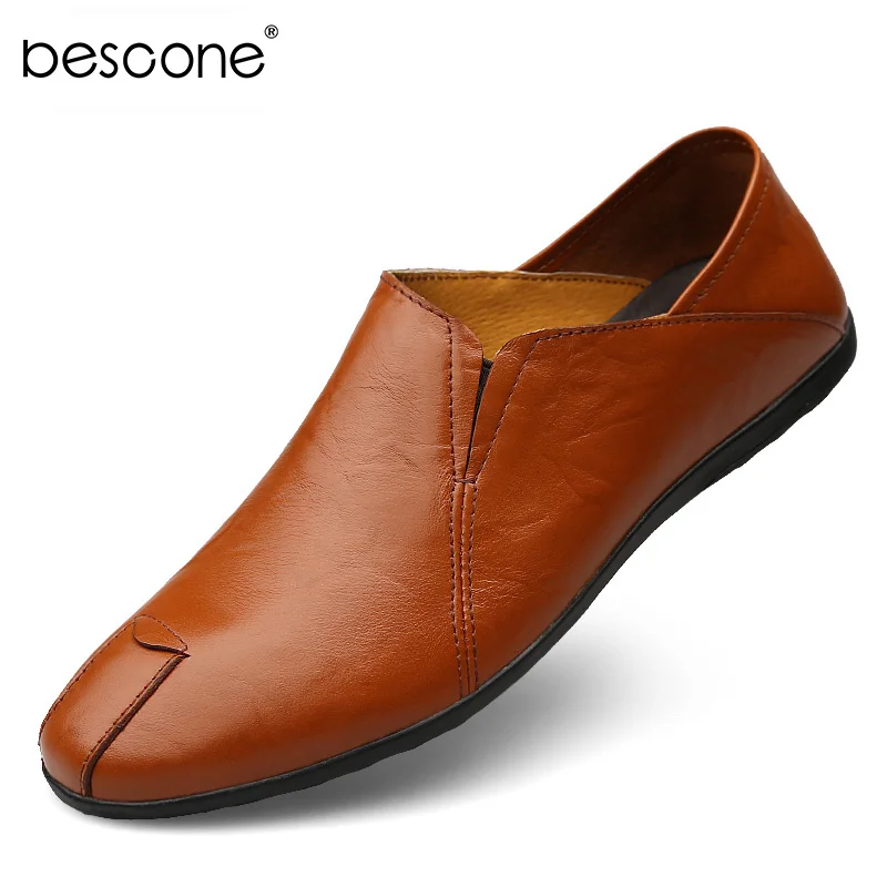 Light Brown BESCONE/обувь из натуральной кожи; деловая мужская повседневная обувь для работы; дышащая обувь без шнуровки на плоской подошве; модельная обувь для вождения; 1706 - Цвет: Light Brown