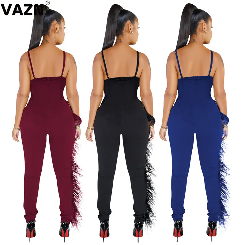 VAZN ME324 Tide Новые Сексуальные женские однотонные длинные штаны длиной до щиколотки с кисточками женские облегающие комбинезоны без рукавов с v-образным вырезом