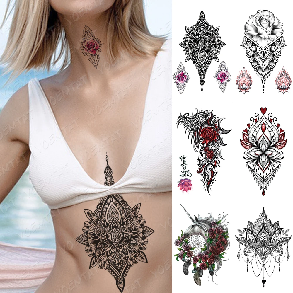 

Waterproof Temporary Tattoo Sticker Rose Lotus Flash Tattoos Love Henna Unicorn Body Art Arm Water Transfer Fake Tatoo Women Men