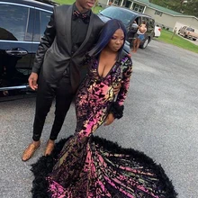 Длинное блестящее платье для выпускного с пайетками сексуальное v-образный вырез с длинным рукавом африканская темнокожая девушка русалка платья для выпускного вечера