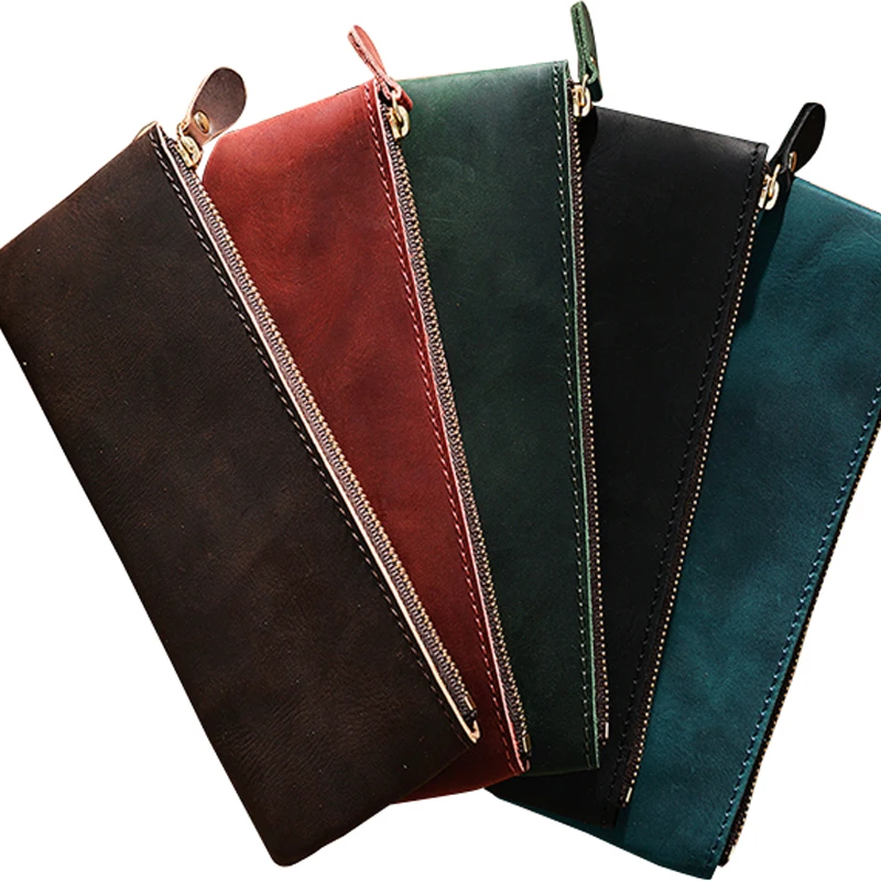 Retro Handmade Leather Zipper Pencil Case 100% Genuine Leather Large Capacity Pen Bag Holder School Stationary for Writing Tool 6
