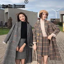 Женское классическое клетчатое зимнее пальто с лацканами, двубортное шерстяное длинное пальто, модное длинное шерстяное пальто, женская верхняя одежда