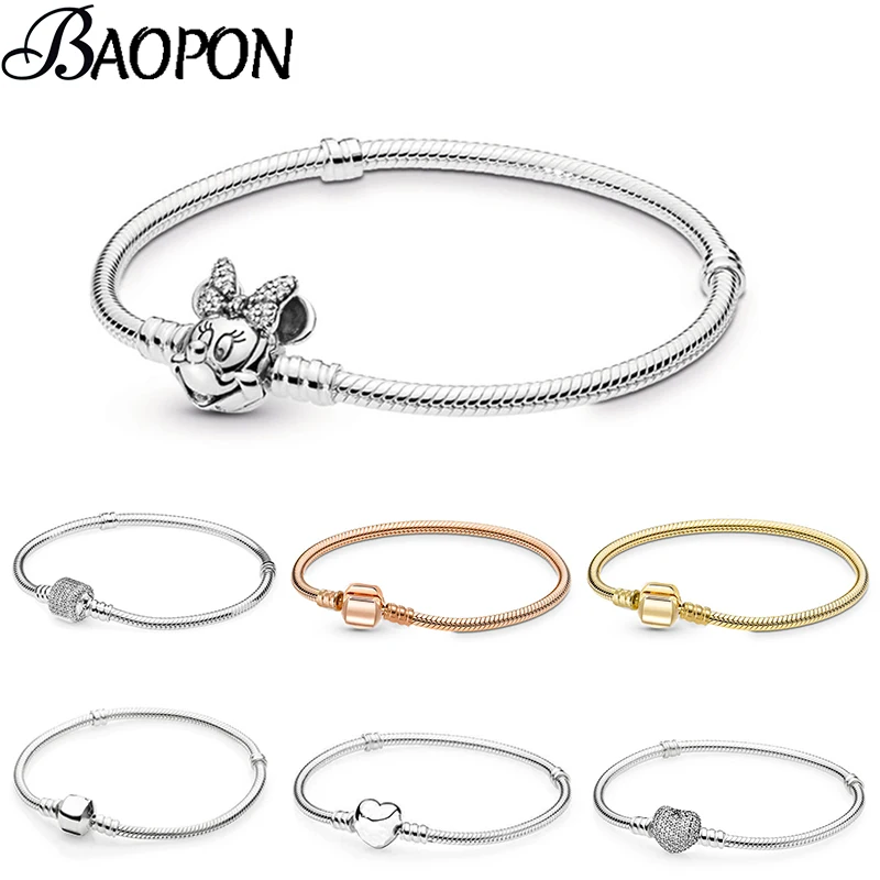 

New Silver Plated Charm Bracelets Cute Mickey Snake Chain Fit Fine Basic Bracelets For Women Fashion Charms Beads DIY Jewelry