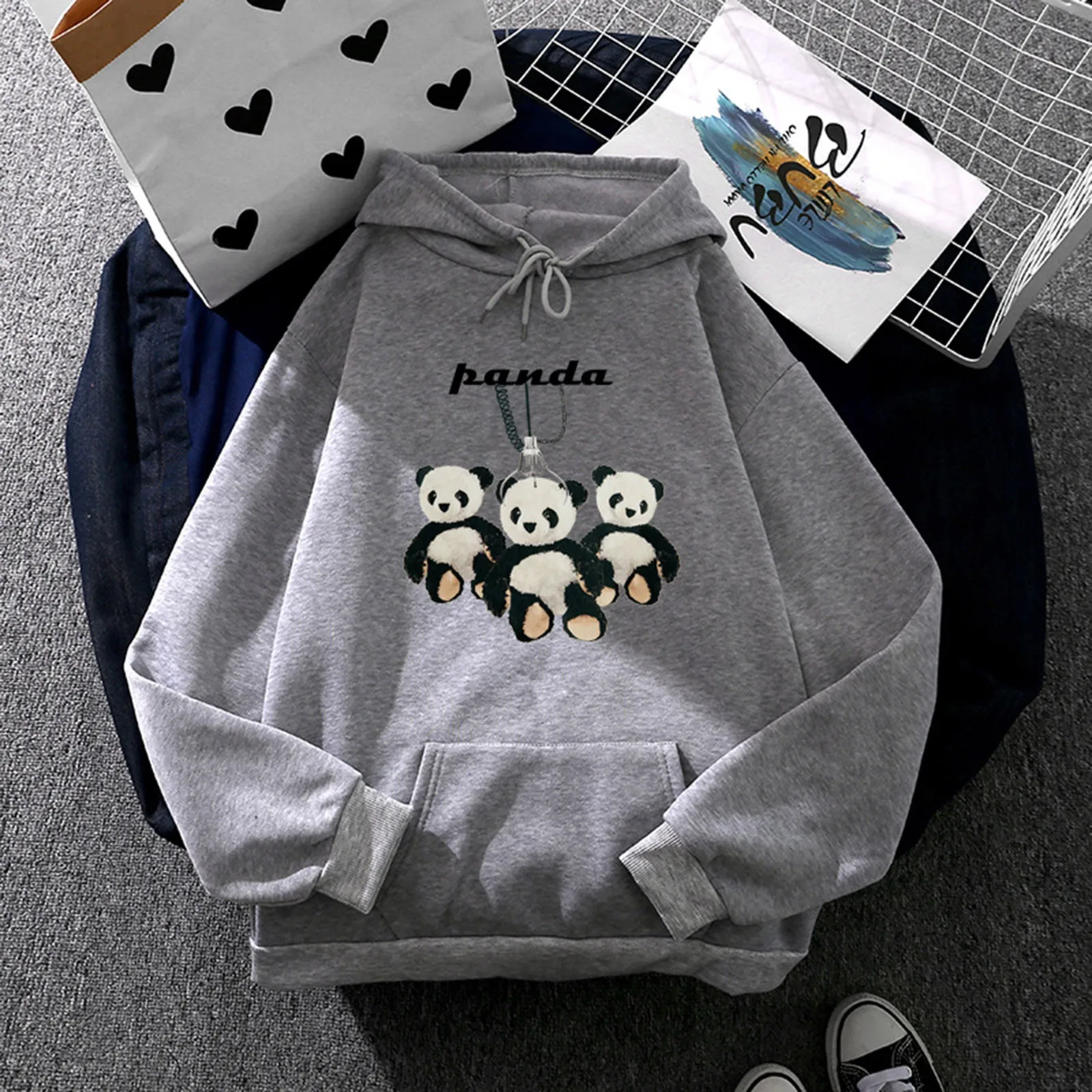 Women Panda Print Hoodies Ladies Girls Casual Printed Long Sleeve Loose Hooded Sweatshirt Top With Pocket Pullover Blouses New 1