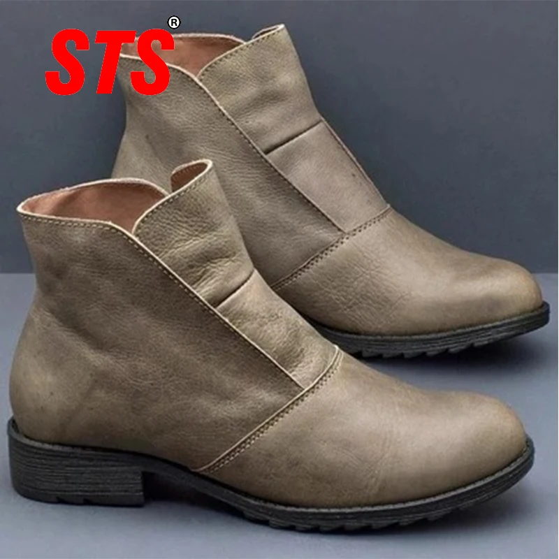 

STS Women's Casual Boots Flats Bottom Slip-On Leather Vintage Warm Fashion Boot Comfortable Soft Outdoor Footwear Plus Size