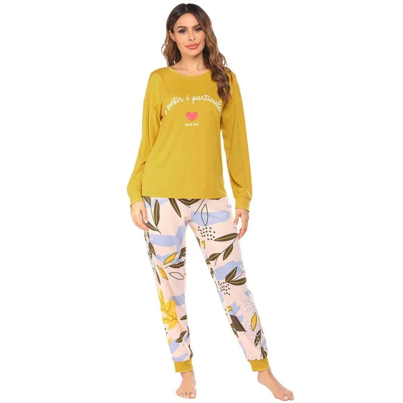 

Pajama Sets For Women Autumn Winter Pyjama Love Printing Sleepwear Casual Home Clothes Suit Yellow Top + Trousers