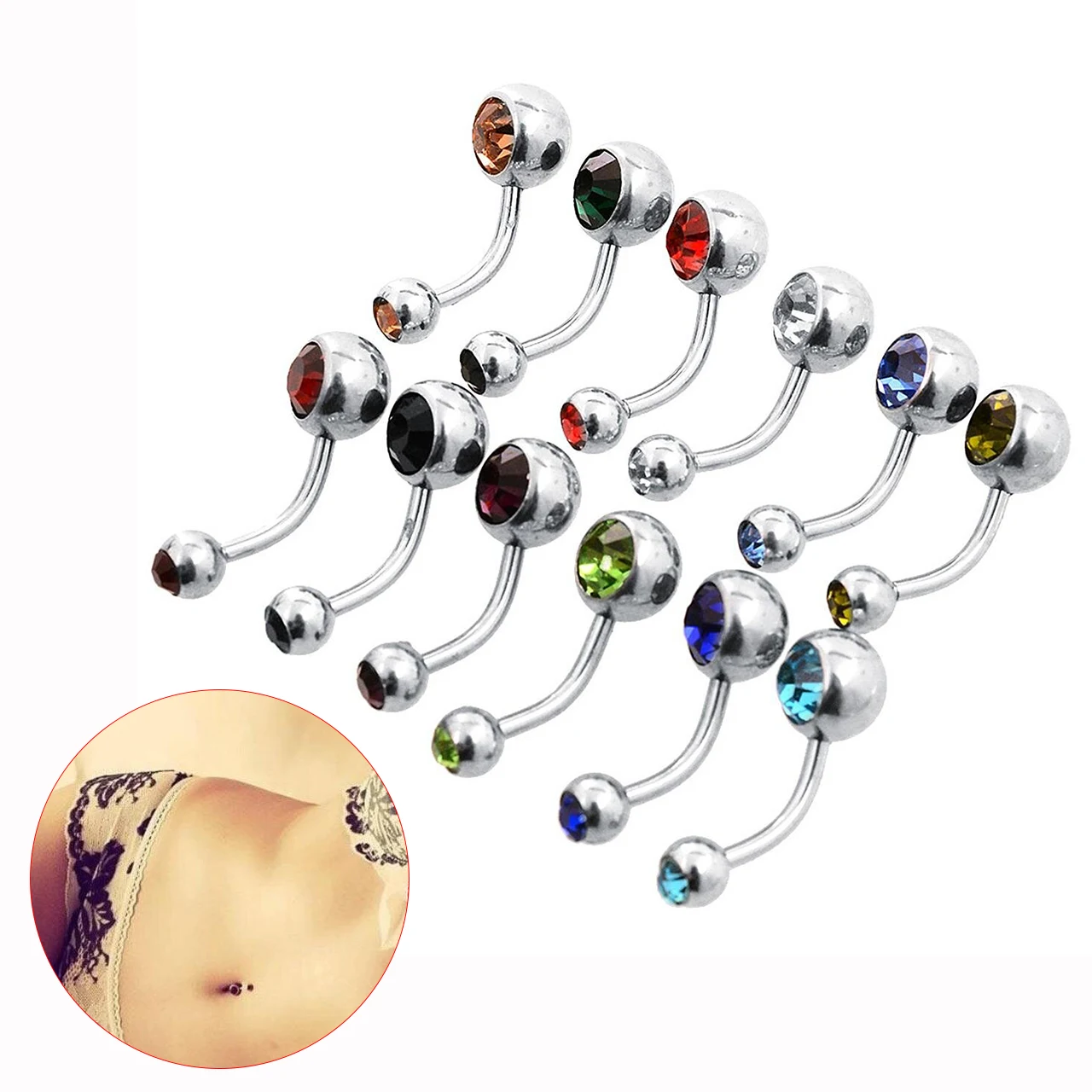12pcs/set Stainless Belly Button Rings Rhinestones Gem Umbilical Nails Navel Earring Belly