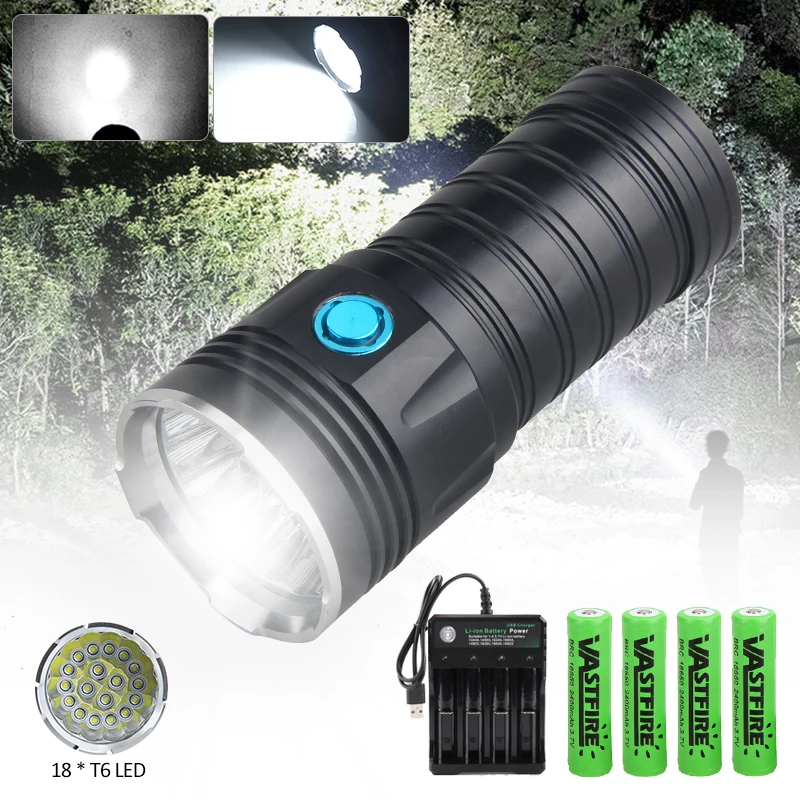 

Super Bright 18xT6 USB Rechargeable LED Flashlight White Light Torch Lanterna with USB output Mobile Power+4 Battery+Charger