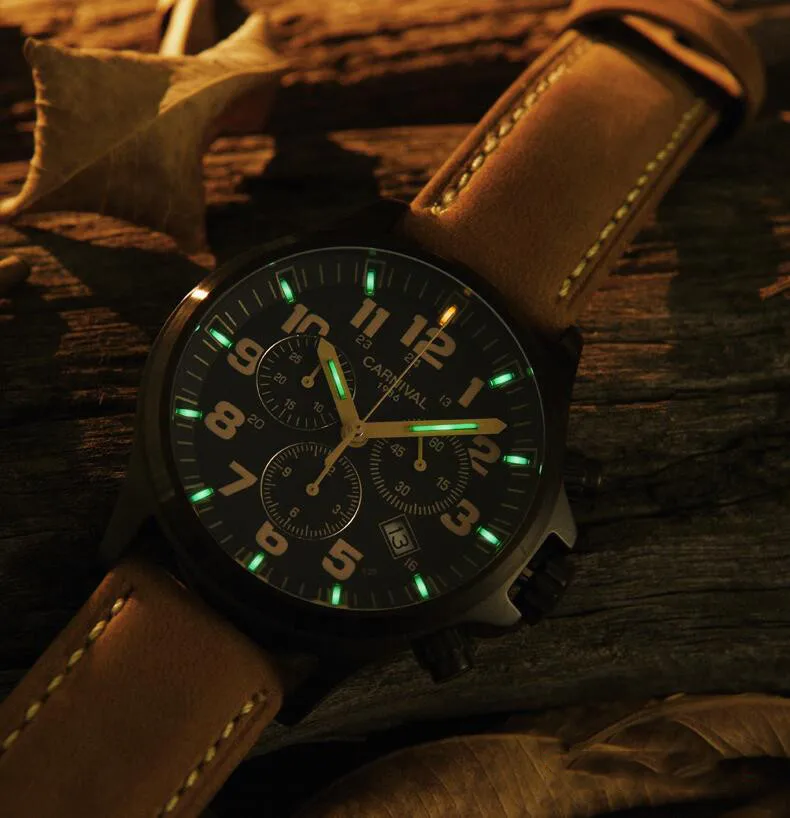 Мужские кварцевые часы с двойным календарем водонепроницаемые T25 tritium