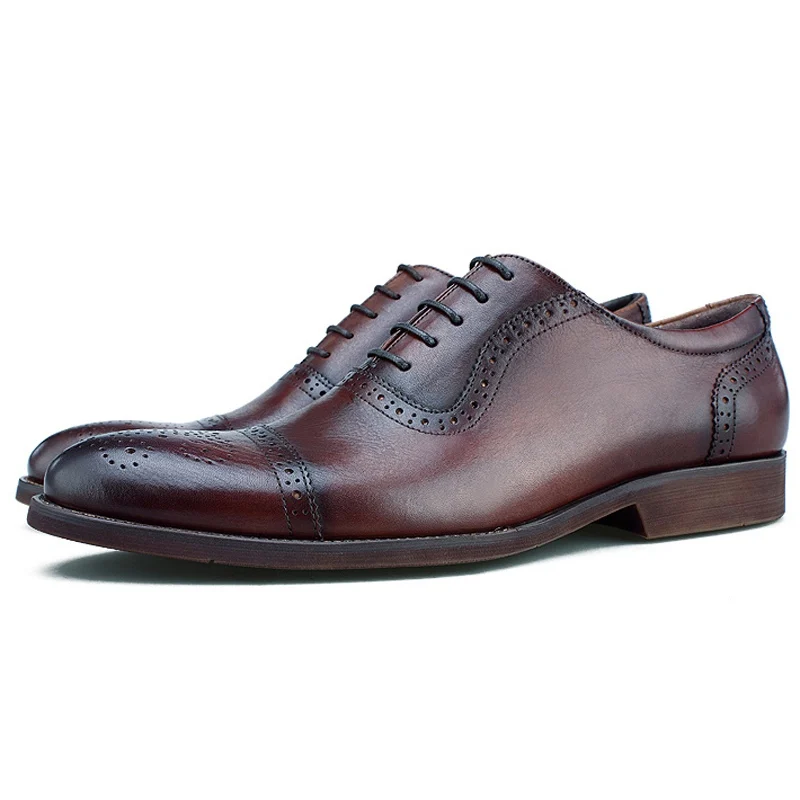 Vintage Man Cap Toe Semi Brogue Shoes Genuine Leather Formal Office Party Oxfords Round Toe Laces Men's Wedding Flats BGQ236