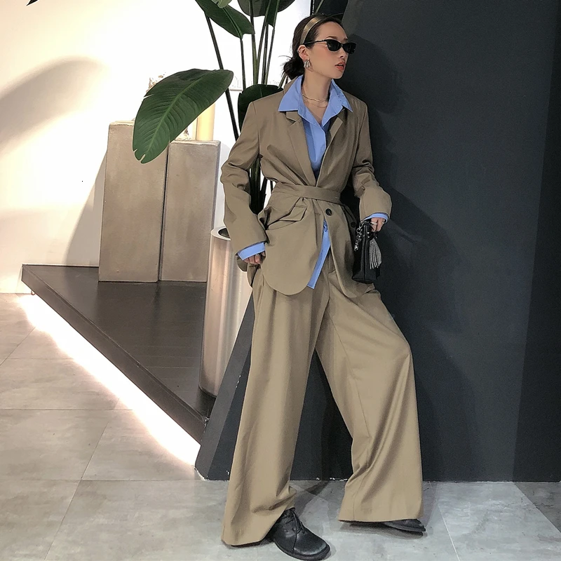 [EWQ] Autumn New Full Sleeve Plus Size High Quality Trend Coat Feminino Korean Style Lace Coffee Color Women Blazer QL568 - Цвет: S size trousers