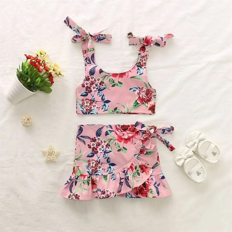 

toddler baby girl two pieces set kids floral sleeveless top and ruffle skirt suit kids clothes