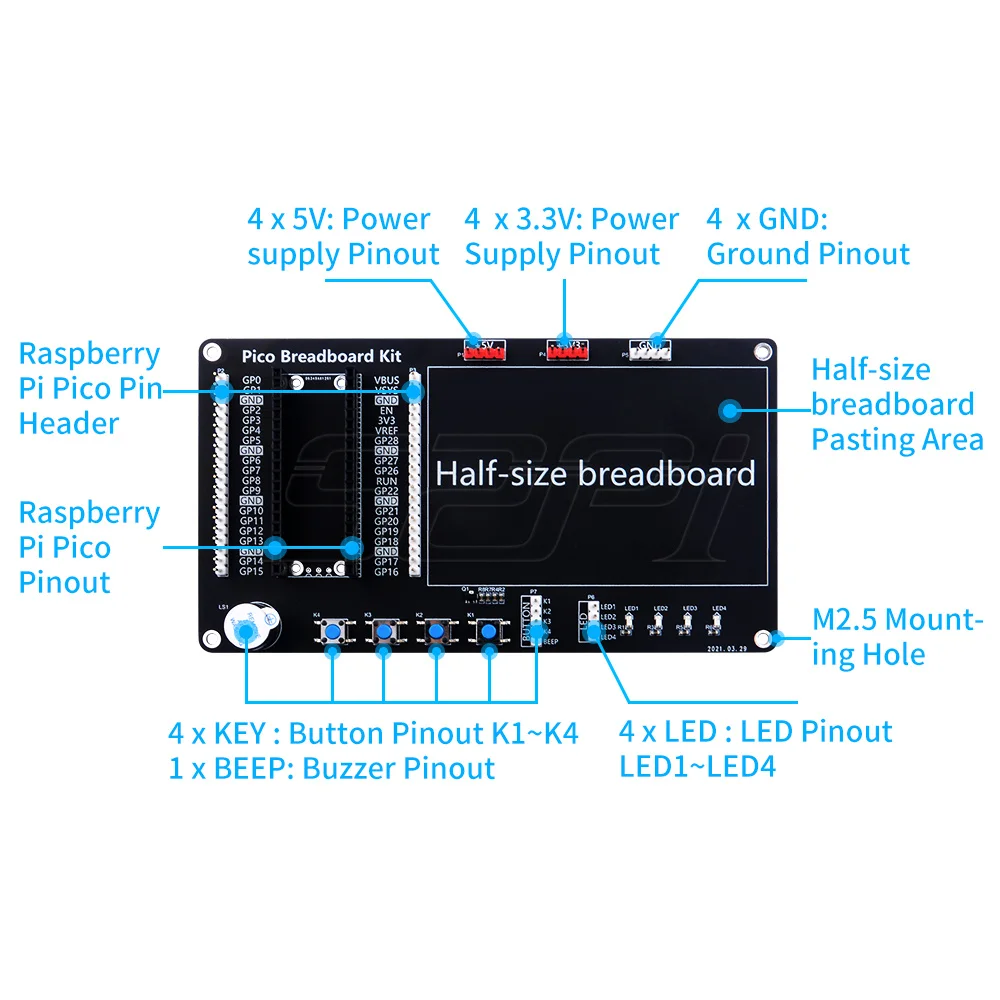Raspberry pi Pico w Breakout Board Kit Built-in Led Luzes Botões Campainha Meio-tamanho Breadboard - Imagem 2