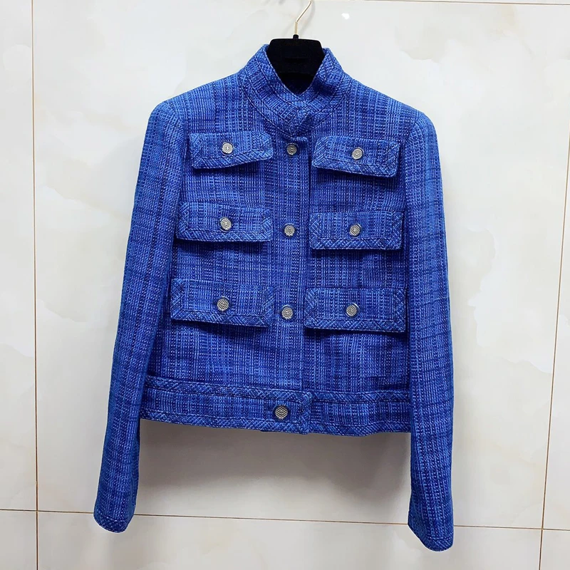 

Women Blue Jacket Spring Long Sleeve Vintage Jacket Fashion New Women Pockets Jacket Coat