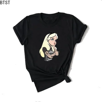 

Alice In Wonderland Tattoo Snow White Print Vogue T Shirt Women Black Short Sleeve Kpop T-shirt Casual Tops Harajuku Streetwear