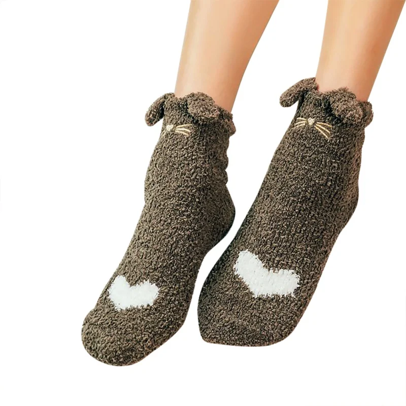 Женские осенне-зимние модели коралловых носков, бархатные домашние носки-тапочки с вышивкой милого кота, когтей, стерео ушками