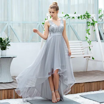 

Elegant Grey Evening Dresses Ladies Embroidery Low Double V-Neck Sequined Sleeveless Formal Party Gowns Vestido Formatura