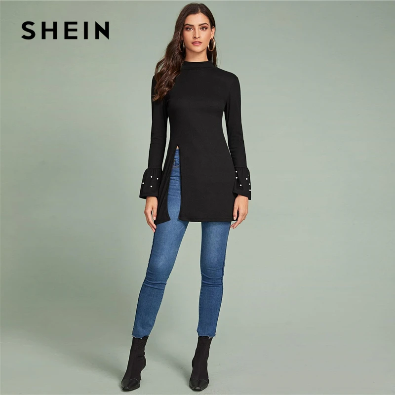 Preise SHEIN Schwarz Perlen Volant Sleeve Side Slit T Frauen Frühling Herbst Langarm Stehen Kragen Solide Lange Elegante T shirts