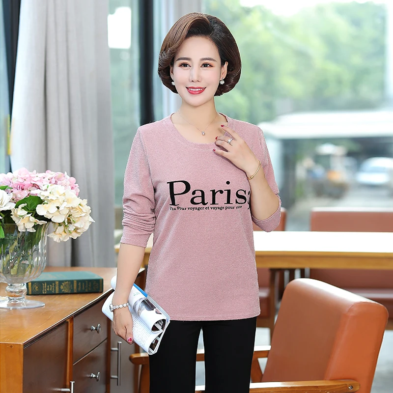 

Woman Spring Blouse Red Pink Green Letter Pattern Lurex Yarn Tops Female Casual Long Sleeve Round Collar Plus Size Blouse Mother