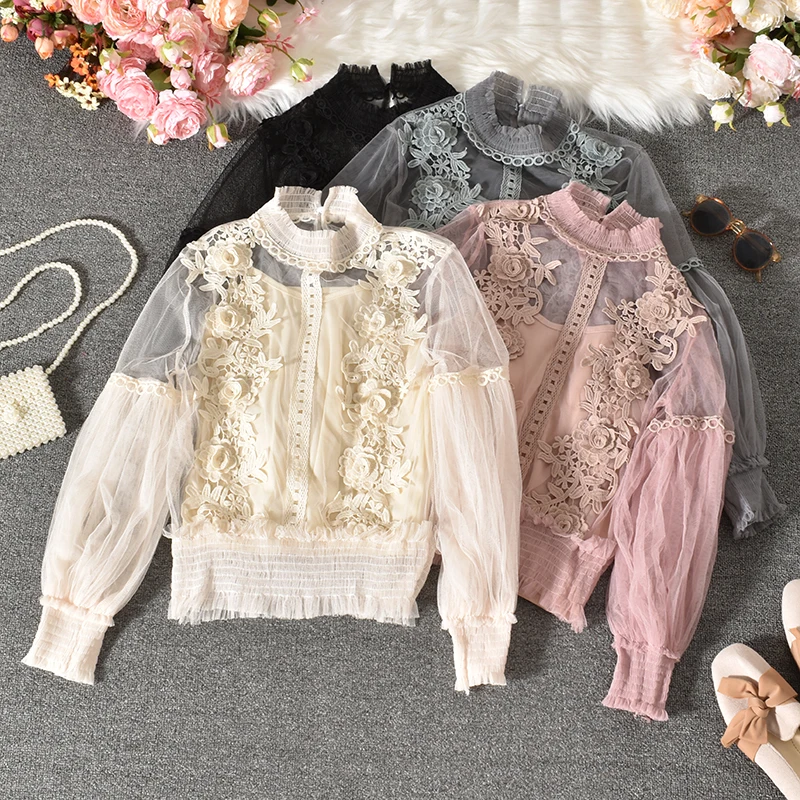 2021 Embroidery Sweet Sexy Lace Up Ruffled Blouse Camisole Set Women Stand Collat Ladies 2PCS Tops Vintage Lace Shirts Set