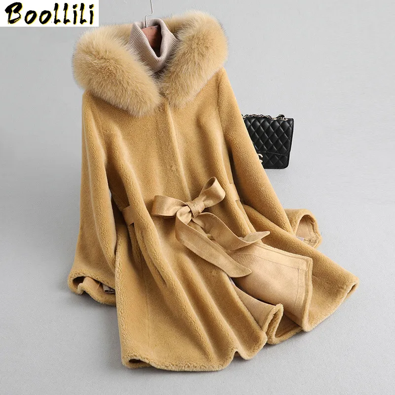 

Boollili Real Fur Coat Winter Jacket Women Fox Fur Collar Sheep Shearling Fur Jackets 100% Wool Coat Female Suede Leather