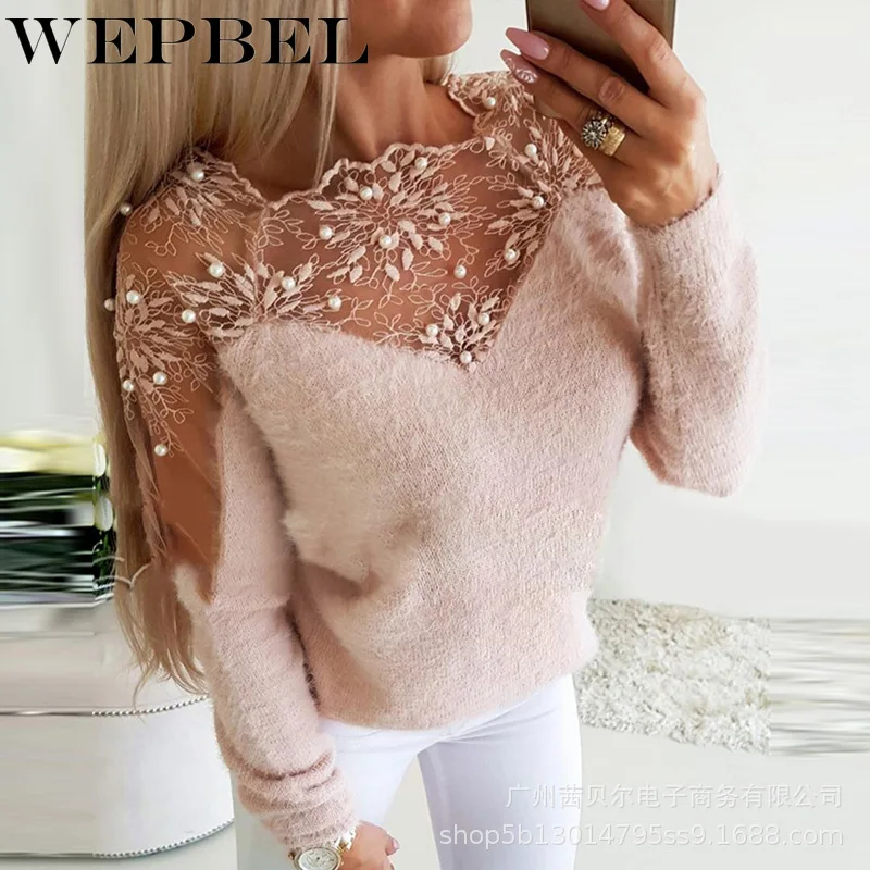 

WEPBEL Women's Sexy Mesh Stitching Long Sleeves Sweater Autumn Winter Fashion Beading Pullovers Sweater
