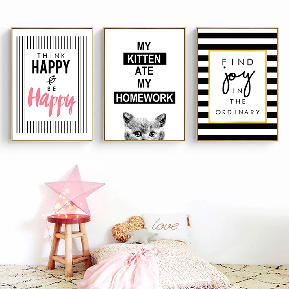 

HD Printed Quote Sentence Happy Cat Canvas Posters Nordic Style Wall Art Painting Wall Pictures For Living Room Decor