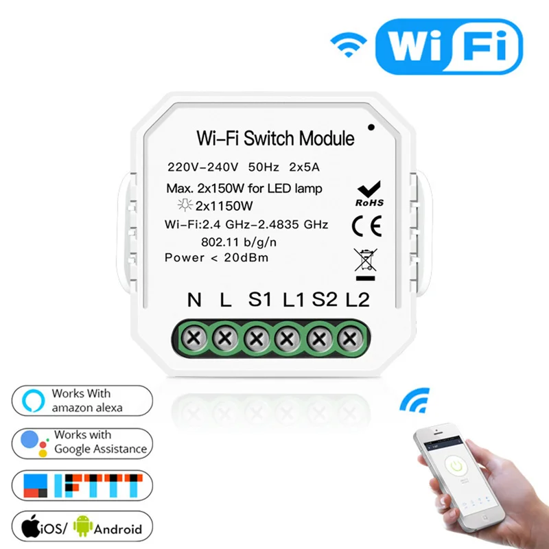 

2 Gang 2 Way Wifi Smart Light Switch Diy Breaker Module Smart Life/Tuya APP Remote Control Panel Switch for Alexa Google Home