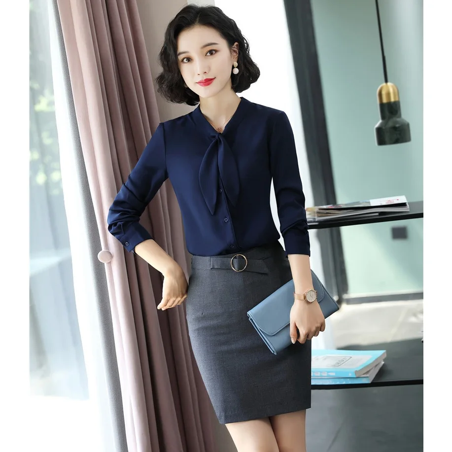 Spring Fall Two Piece Women Business Suits with Skirt and Top Set