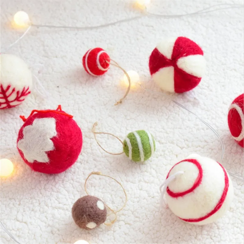 

6pcs/set Wool Felt Ball Pendant Xmas Tree Snowflake Pattern Hanging Ornaments DIY Christmas Decorations Craft Gifts Party Decor
