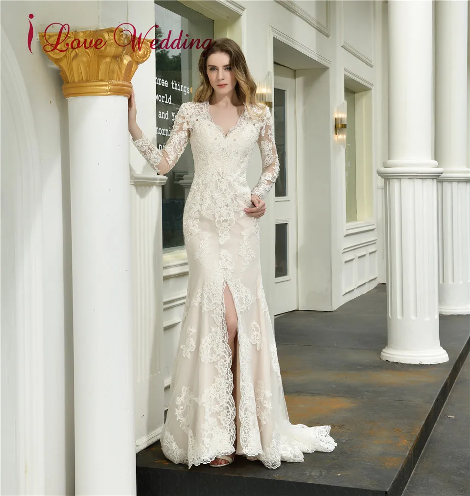 New Style 2020 Trumpet Wedding Dress Muslim Long Sleeves Lace Bridal Gown Front Split Sexy Boho Vestido de Novia Weddings | Свадьбы и