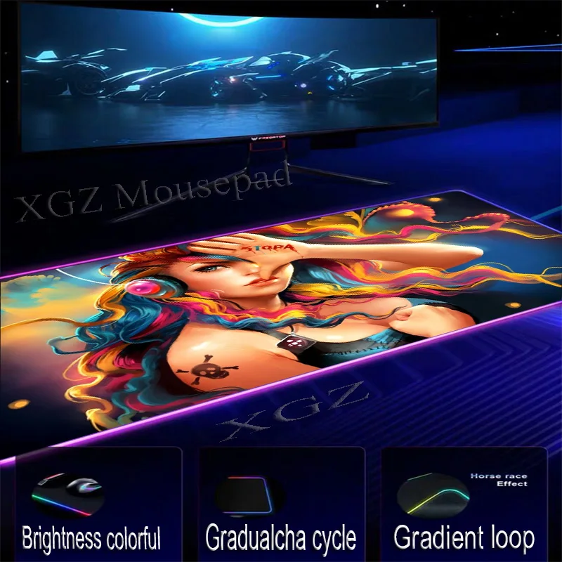 XGZ Custom Large RGB Mouse Pad Lock Edge Anime Dj Sexy Busty Girl Computer Desk Mat Rubber Non-slip